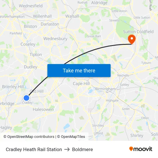 Cradley Heath Rail Station to Boldmere map