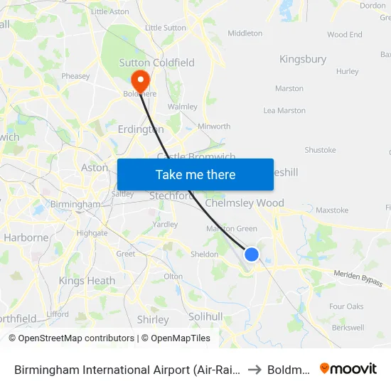 Birmingham International Airport (Air-Rail Link) to Boldmere map