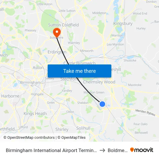 Birmingham International Airport Terminal 2 to Boldmere map
