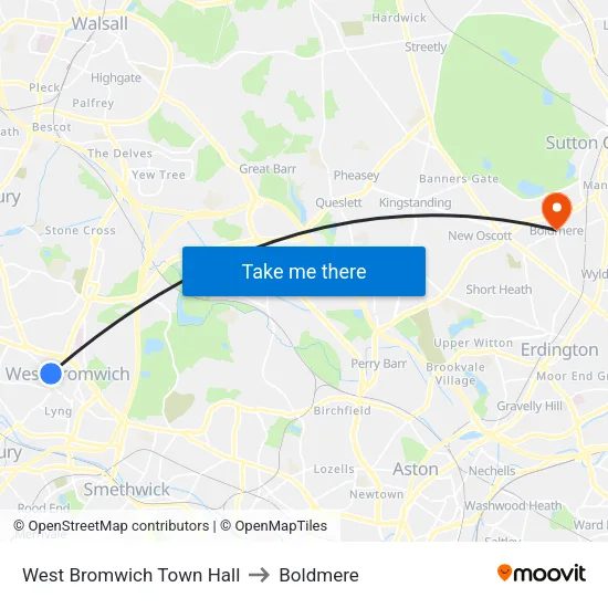 West Bromwich Town Hall to Boldmere map