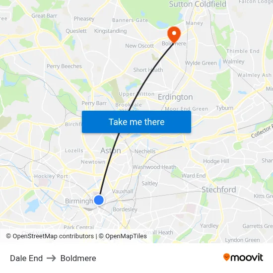 Dale End to Boldmere map