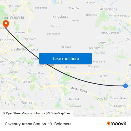 Coventry Arena Station to Boldmere map