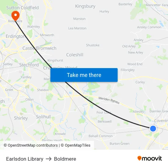 Earlsdon Library to Boldmere map