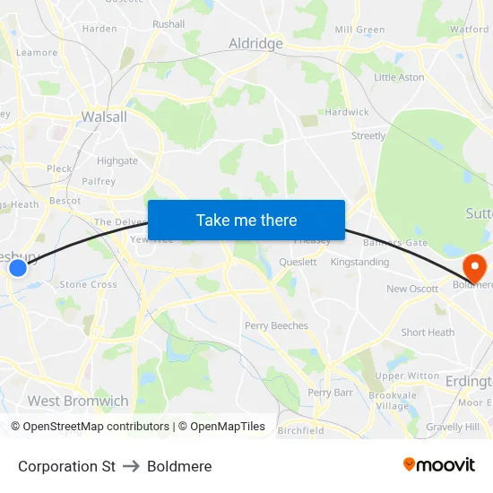 Corporation St to Boldmere map