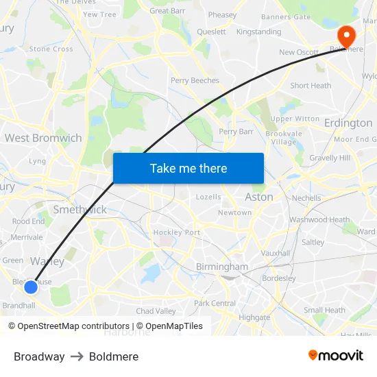 Broadway to Boldmere map