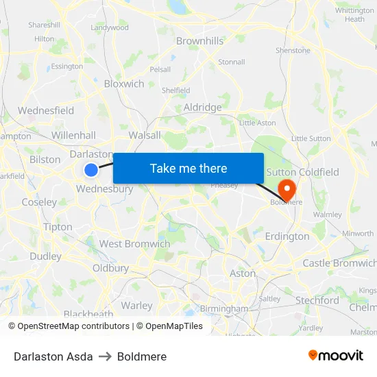 Darlaston Asda to Boldmere map