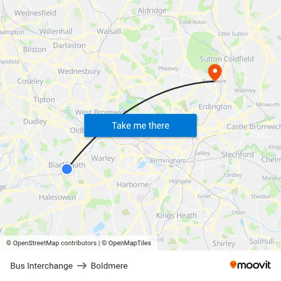 Bus Interchange to Boldmere map