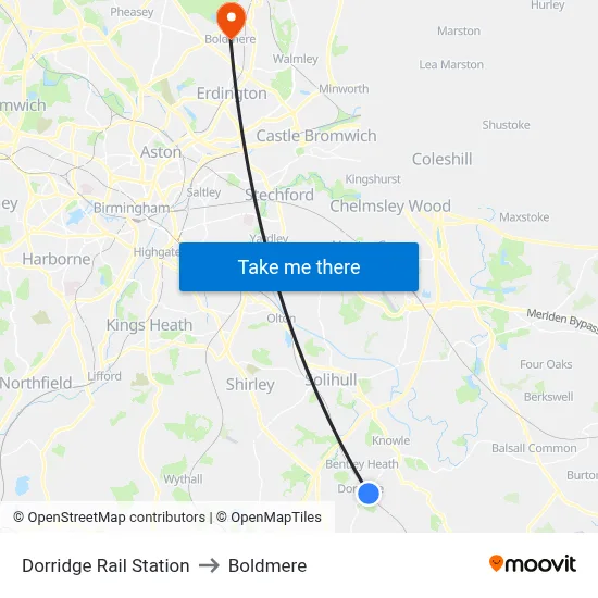 Dorridge Rail Station to Boldmere map