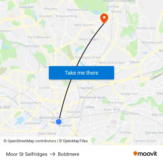 Moor St Selfridges to Boldmere map