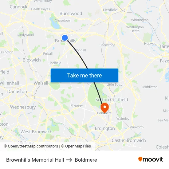 Brownhills Memorial Hall to Boldmere map