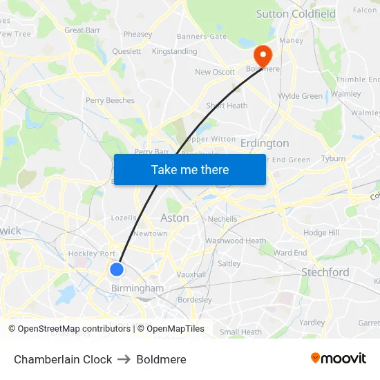 Chamberlain Clock to Boldmere map
