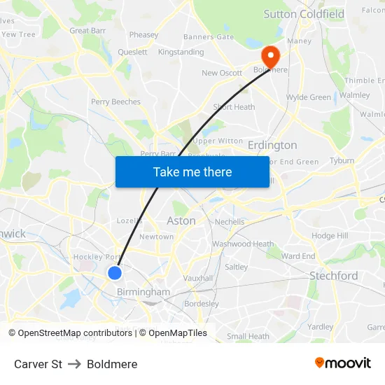 Carver St to Boldmere map