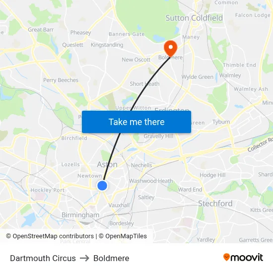 Dartmouth Circus to Boldmere map