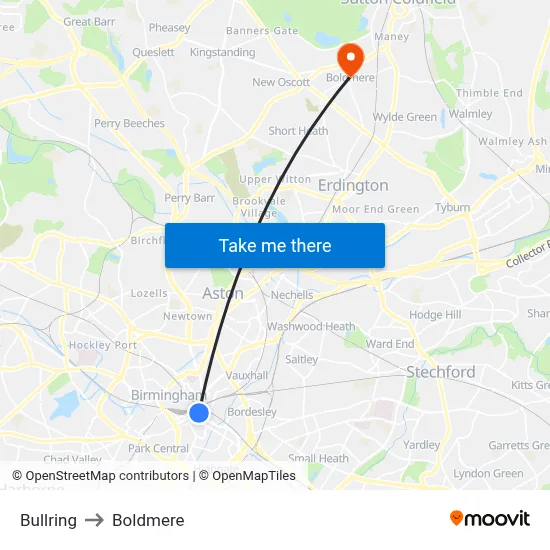 Bullring to Boldmere map