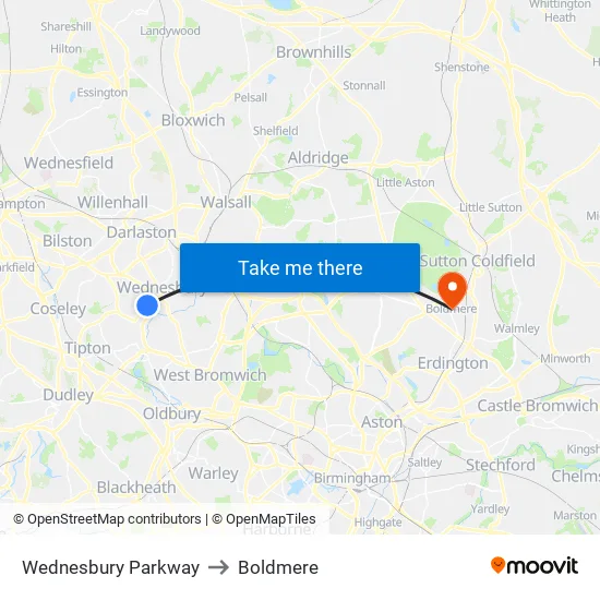 Wednesbury Parkway to Boldmere map