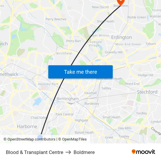 Blood & Transplant Centre to Boldmere map