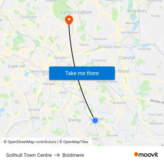 Solihull Town Centre to Boldmere map