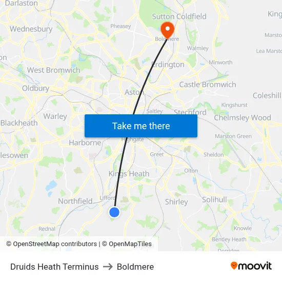 Druids Heath Terminus to Boldmere map