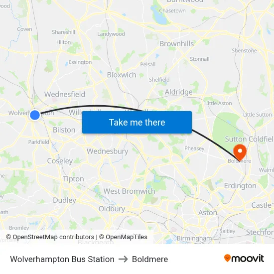 Wolverhampton Bus Station to Boldmere map