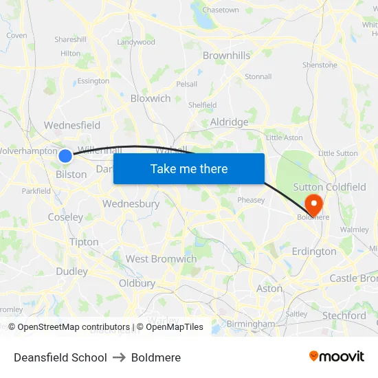 Deansfield School to Boldmere map