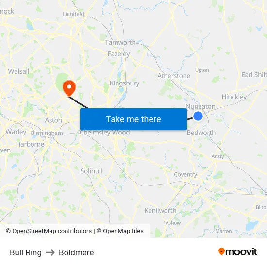 Bull Ring to Boldmere map