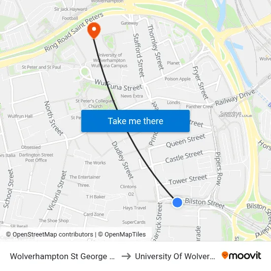 Wolverhampton St George Metro Stop to University Of Wolverhampton map