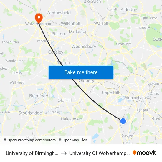 University of Birmingham to University Of Wolverhampton map