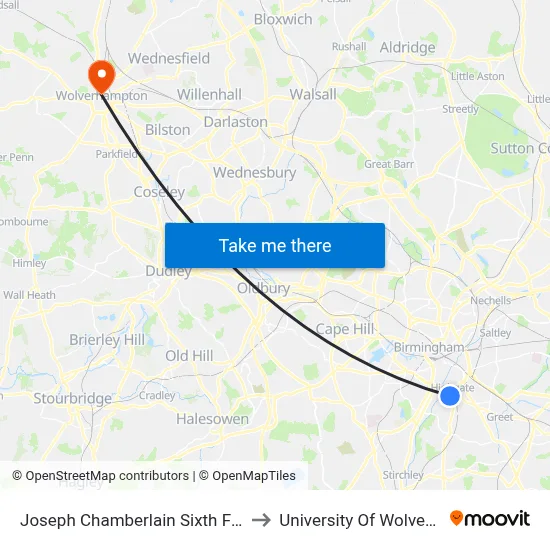 Joseph Chamberlain Sixth Form College to University Of Wolverhampton map