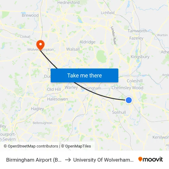 Birmingham Airport (BHX) to University Of Wolverhampton map