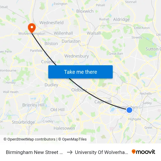 Birmingham New Street Station to University Of Wolverhampton map