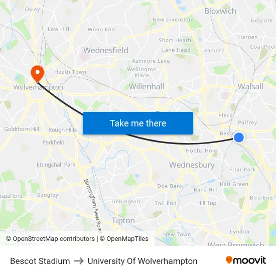 Bescot Stadium to University Of Wolverhampton map