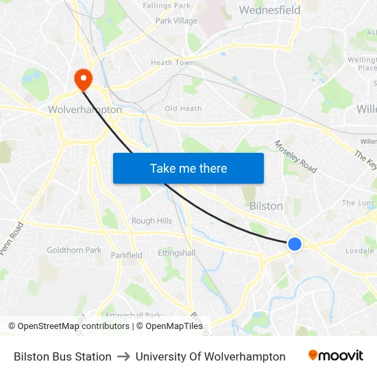 Bilston Bus Station to University Of Wolverhampton map