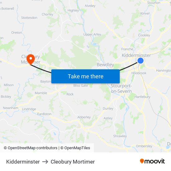 Kidderminster to Cleobury Mortimer map