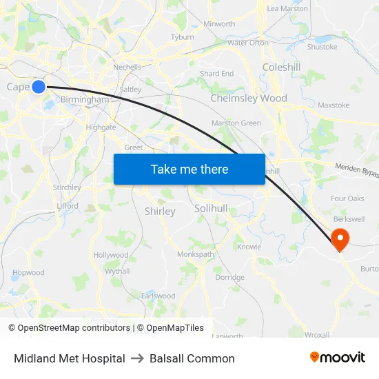 Midland Met Hospital to Balsall Common map