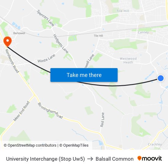 University Interchange (Stop Uw5) to Balsall Common map