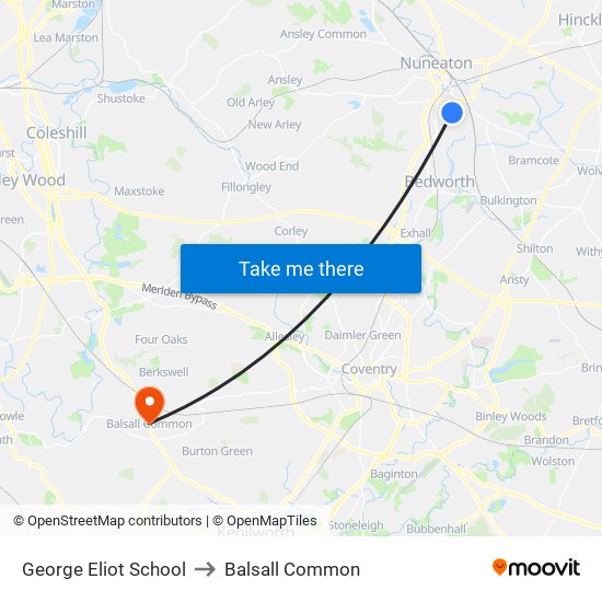 George Eliot School to Balsall Common map