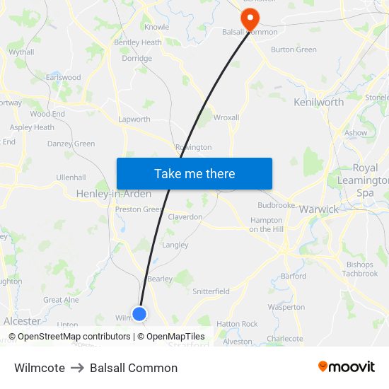 Wilmcote to Balsall Common map