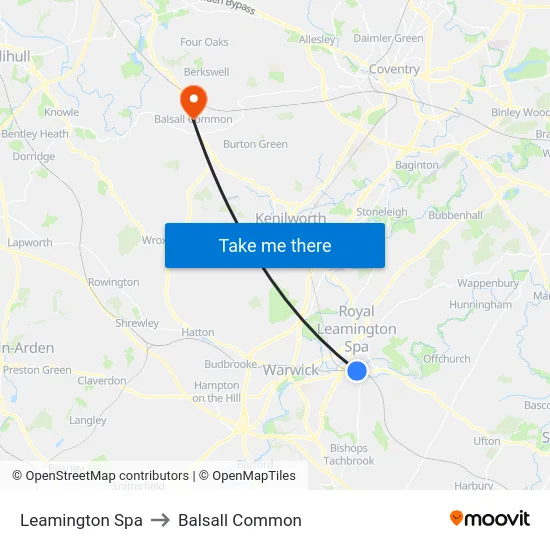 Leamington Spa to Balsall Common map