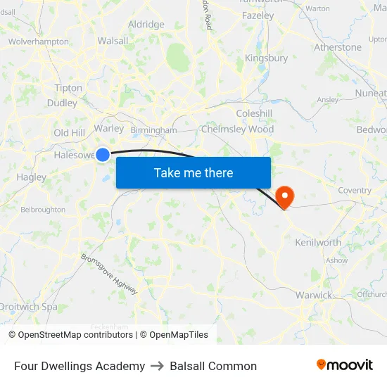 Four Dwellings Academy to Balsall Common map