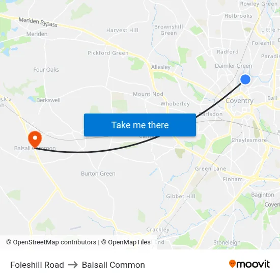 Foleshill Road to Balsall Common map