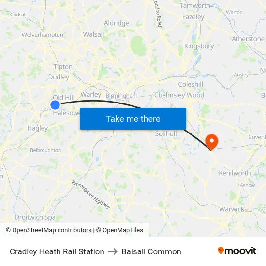 Cradley Heath Rail Station to Balsall Common map