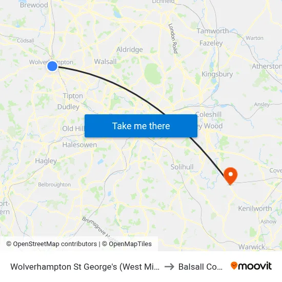 Wolverhampton St George's (West Midlands Metro) to Balsall Common map