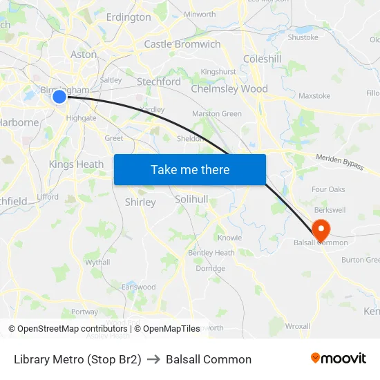 Library Metro (Stop Br2) to Balsall Common map