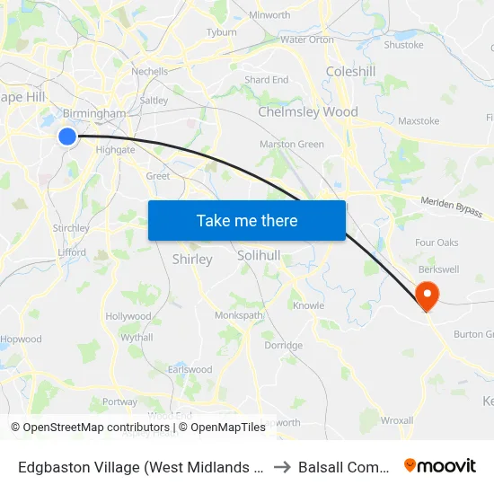 Edgbaston Village (West Midlands Metro) to Balsall Common map