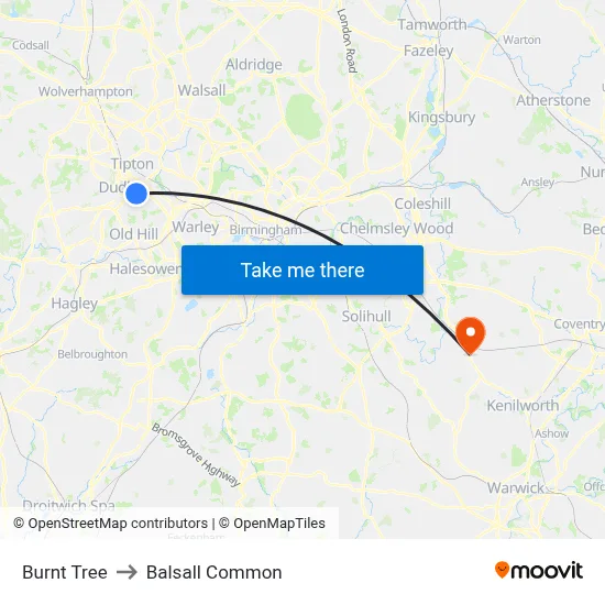 Burnt Tree to Balsall Common map