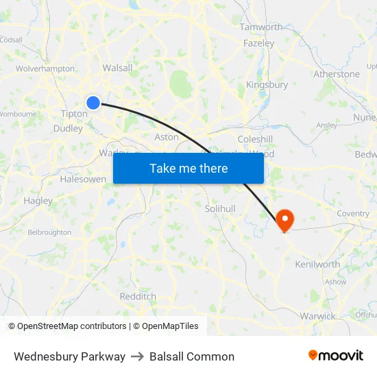 Wednesbury Parkway to Balsall Common map