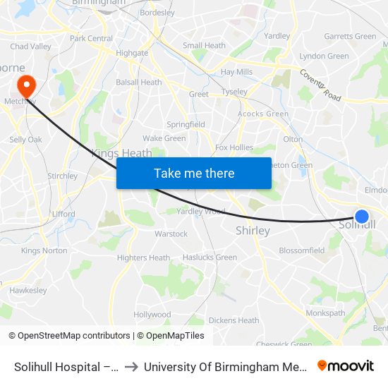 Solihull Hospital – Solihull to University Of Birmingham Medical School map