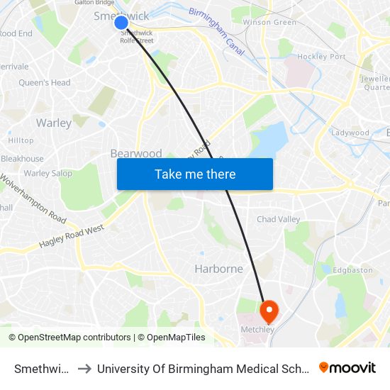Smethwick to University Of Birmingham Medical School map