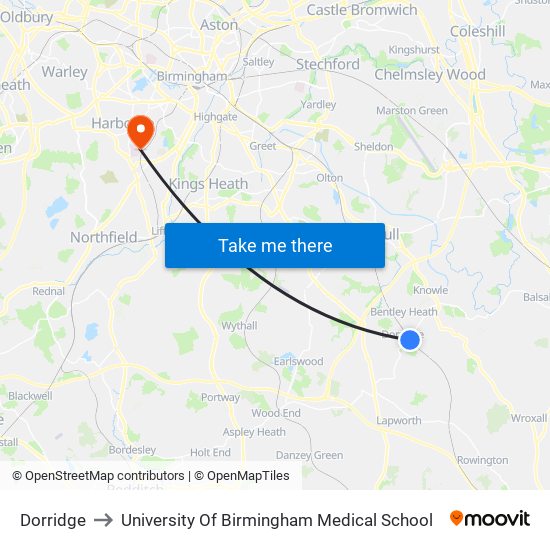 Dorridge to University Of Birmingham Medical School map