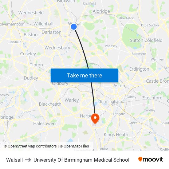 Walsall to University Of Birmingham Medical School map